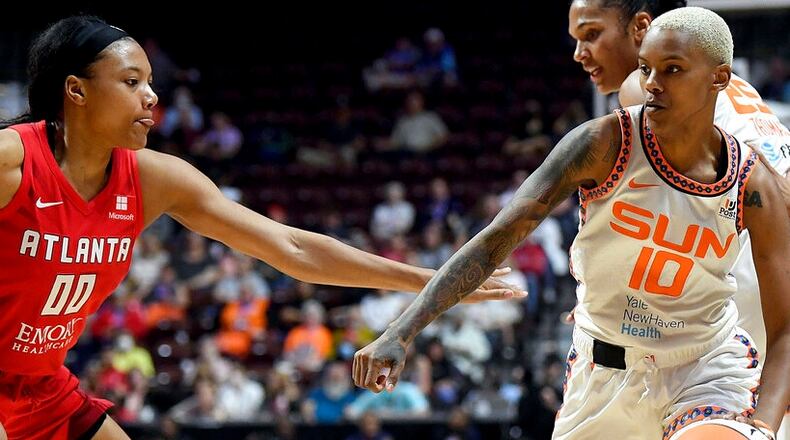 Sun guard Courtney Williams (10), a former All-Star with the Dream, scored 17 points to lead Connecticut to a 72-61 victory Sunday against Atlanta. (Sarah Gordon/The Day via AP)