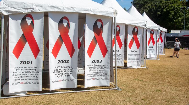 People look over the historical banners during the annual AIDS Walk Atlanta in Piedmont Park on Saturday, September 25, 2021. (Photo: Steve Schaefer for The Atlanta Journal-Constitution)