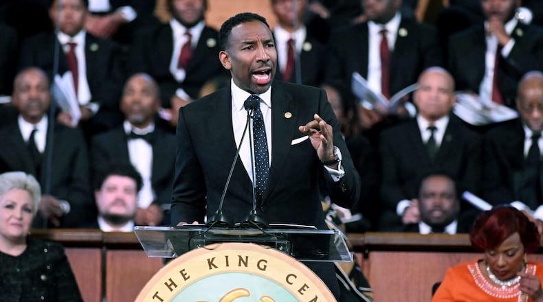 Atlanta Mayor Andre Dickens speaks during the 57th Martin Luther King, Jr. Beloved Community Commemorative Service at Ebenezer Baptist Church, Monday, January 20, 2025, in Atlanta. (Hyosub Shin / AJC)