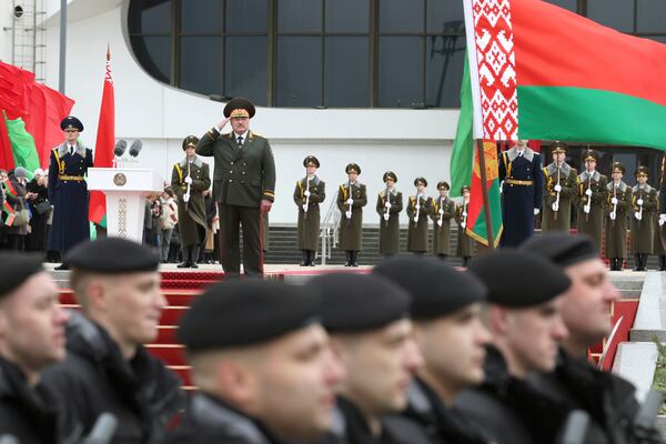 In this photo, released by Belarus' Presidential Press Service, Belarusian President Alexander Lukashenko attends ceremony of military personnel taking the oath of allegiance to the Belarusian people and the President of the Republic of Belarus after his inauguration in Minsk, Belarus, Tuesday, March 25, 2025. (Belarus' Presidential Press Service via AP)