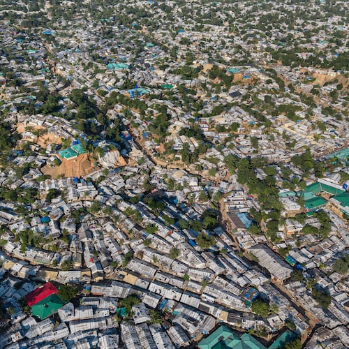 FILE - An aerial view of a Rohingya refugee camp, home to over a million of Myanmar's persecuted Rohingya minority, in Cox's Bazar, Bangladesh, Nov. 25, 2025. (AP Photo/Mahmud Hossain Opu, File)