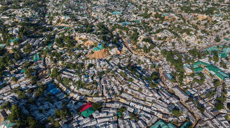 FILE - An aerial view of a Rohingya refugee camp, home to over a million of Myanmar's persecuted Rohingya minority, in Cox's Bazar, Bangladesh, Nov. 25, 2025. (AP Photo/Mahmud Hossain Opu, File)