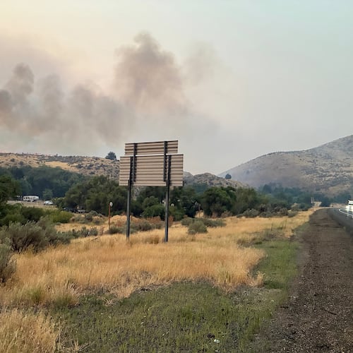 This undated photo provided by the Oregon Department of Transportation on Monday, July 27, 2026, shows the Fox Fire burning in eastern Oregon. (Oregon Department of Transportation via AP)