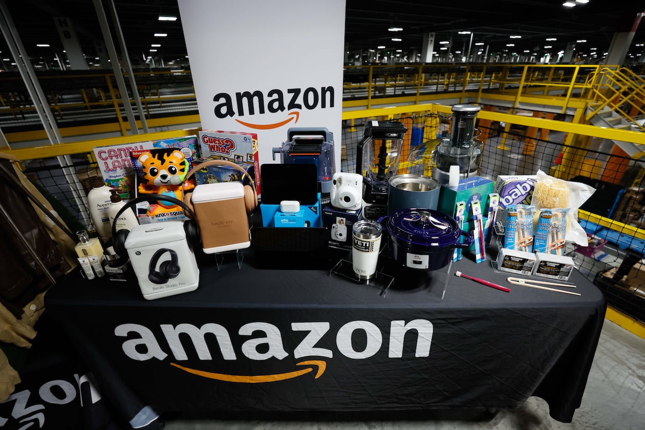 Products from small and large businesses are displayed at an Amazon Distribution Center. Amazon has said 14,000 employees will be laid off but has not indicated how many of them will be from Georgia. (Miguel Martinez/AJC 2024)