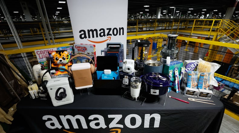 Products from small and large businesses are displayed at an Amazon Distribution Center. Amazon has said 14,000 employees will be laid off but has not indicated how many of them will be from Georgia. (Miguel Martinez/AJC 2024)