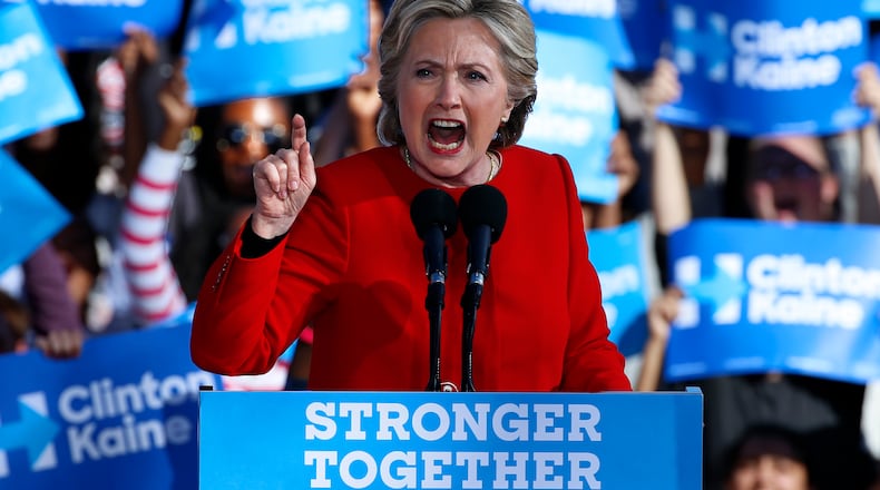 Democratic presidential candidate Hillary Clinton speaks at a rally on the University of Pittsburgh campus in Pittsburgh, Monday, Nov. 7, 2016. (AP Photo/Gene J. Puskar)