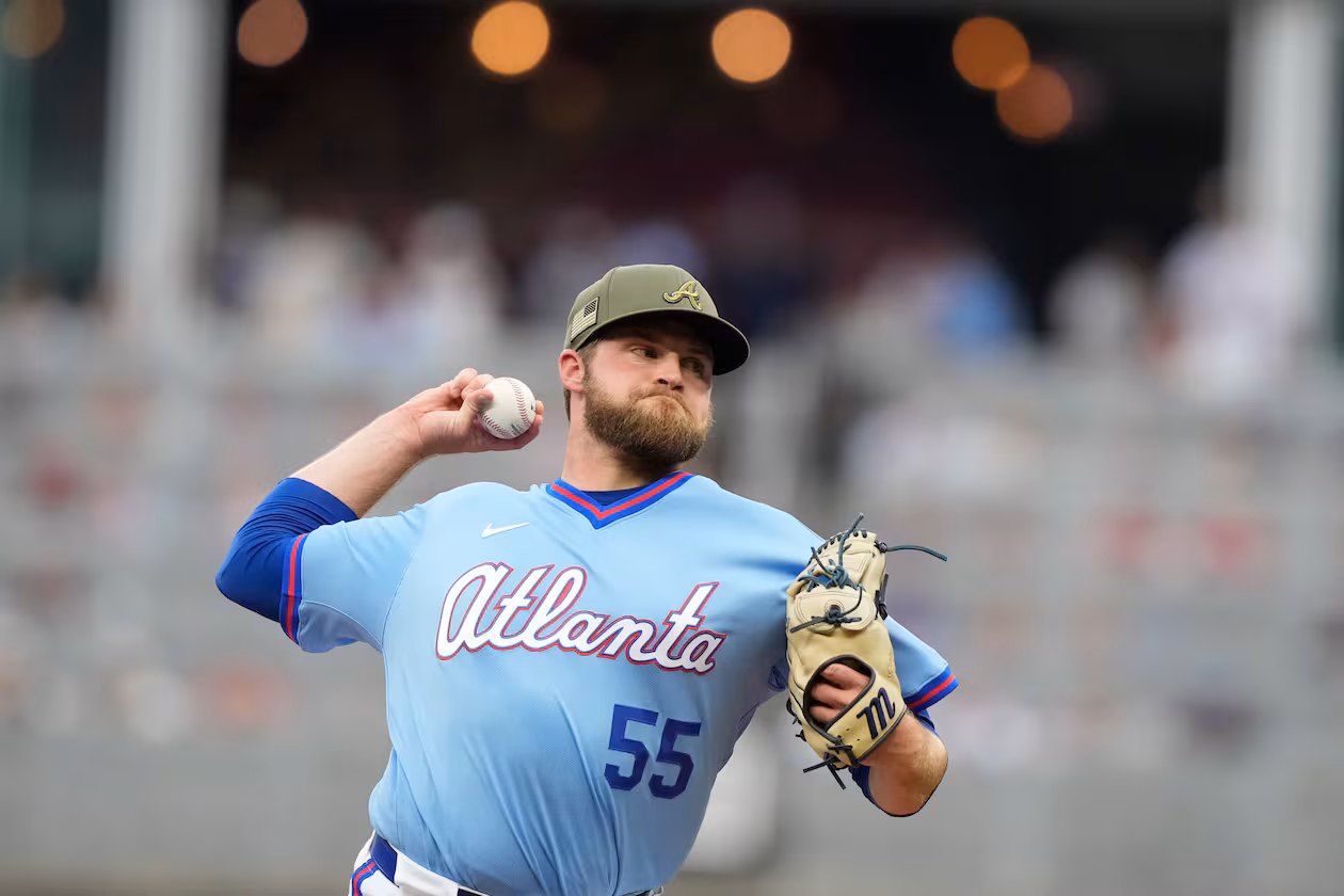 Braves pitcher Bryce Elder delivers a pitch in the first inning against the Red Sox on Saturday, May 16, 2026, in Atlanta. Elder allowed three runs and seven hits with three strikeouts and no walks in eight innings. (Brynn Anderson/AP)
