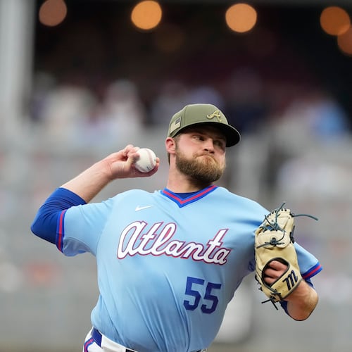 Braves pitcher Bryce Elder delivers a pitch in the first inning against the Red Sox on Saturday, May 16, 2026, in Atlanta. Elder allowed three runs and seven hits with three strikeouts and no walks in eight innings. (Brynn Anderson/AP)