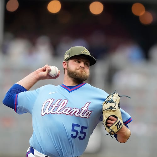 Atlanta Braves pitcher Bryce Elder (55) delivers in the first inning of a baseball game against the Boston Red Sox Saturday, May 16, 2026, in Atlanta. (AP Photo/Brynn Anderson)