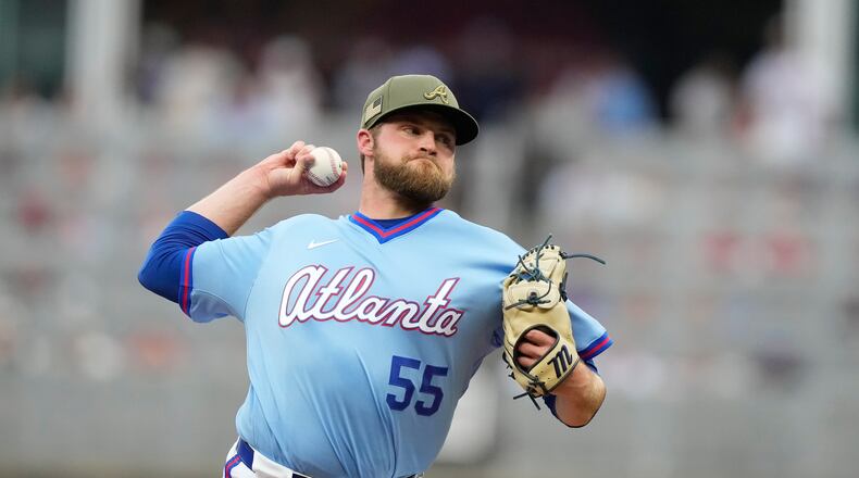 Braves pitcher Bryce Elder delivers a pitch in the first inning against the Red Sox on Saturday, May 16, 2026, in Atlanta. Elder allowed three runs and seven hits with three strikeouts and no walks in eight innings. (Brynn Anderson/AP)