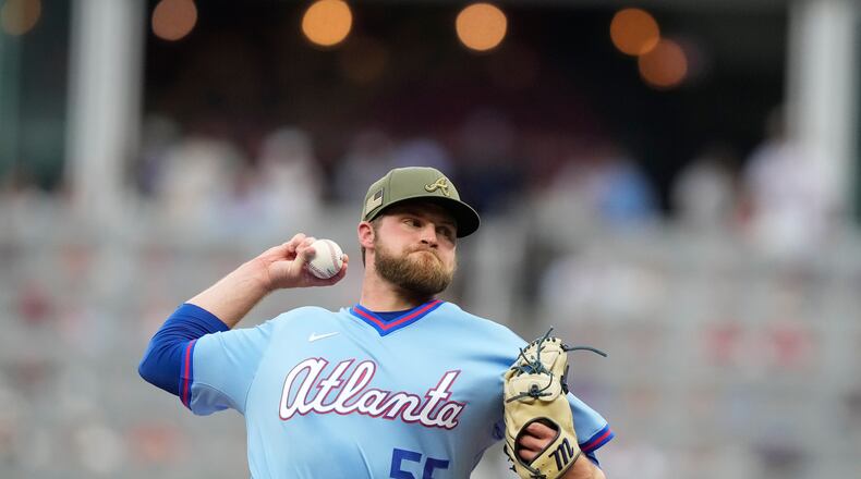 Atlanta Braves pitcher Bryce Elder (55) delivers in the first inning of a baseball game against the Boston Red Sox Saturday, May 16, 2026, in Atlanta. (AP Photo/Brynn Anderson)