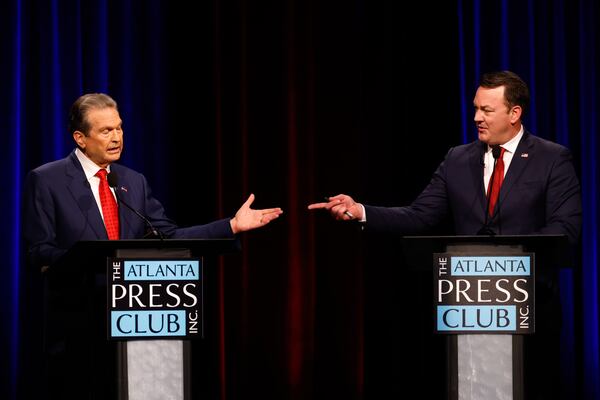Republican candidates for governor, Rick Jackson (left) and Lt. Gov. Burt Jones will continue their feud into a June runoff. (Arvin Temkar/AJC)