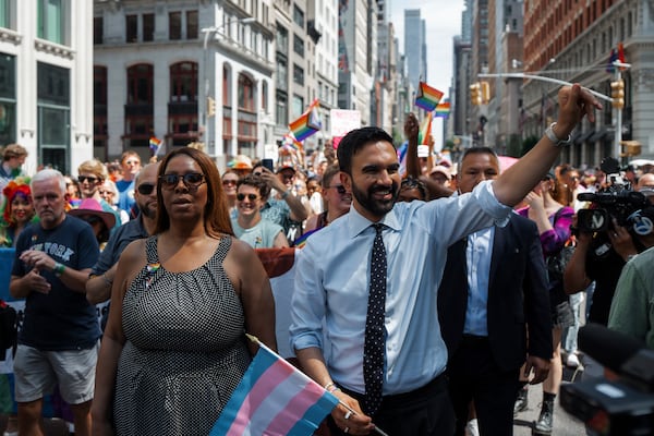 Democratic mayoral candidate Zohran Mamdani, right, and Attorney General of New York Letitia James walk in the NYC Pride March, Sunday, June 29, 2025, in New York. (AP Photo/Olga Fedorova)