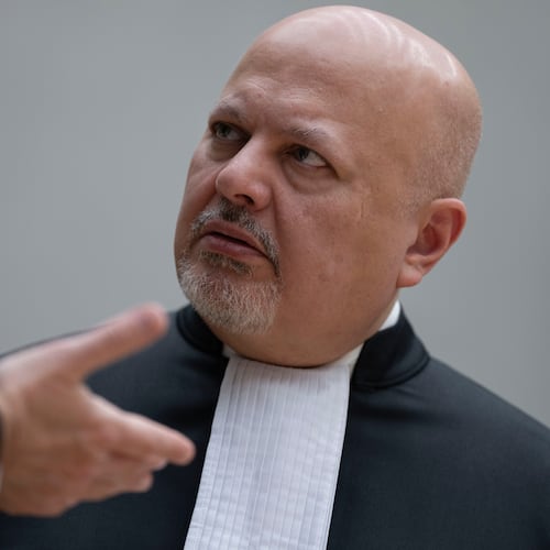 FILE - Chief Prosecutor Karim Khan talks before convening the International Criminal Court (ICC) in The Hague, Netherlands, March 14, 2025. (AP Photo/Peter Dejong, Pool, File)