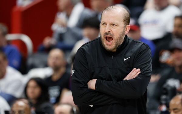 New York Knicks head coach Tom Thibodeau shouts at an official during the second half of Game 6 of an NBA basketball first-round playoff series against the Detroit Pistons, Thursday, May 1, 2025, in Detroit. (AP Photo/Duane Burleson)