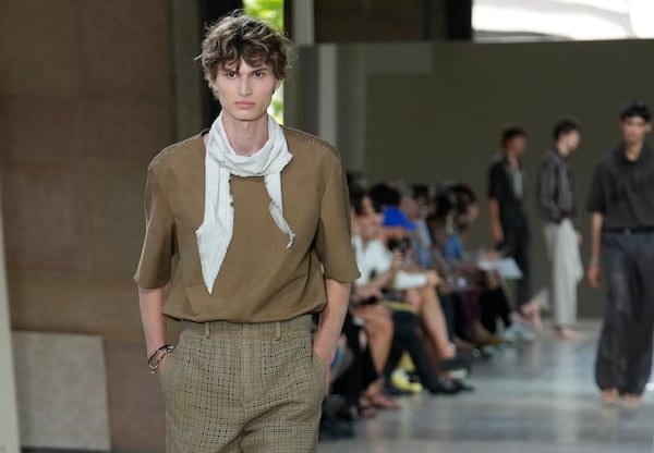A model wears a creation as part of the men's Hermes Spring-Summer 2026 collection, that was presented in Paris Saturday, June 28, 2025. (AP Photo/Michel Euler)