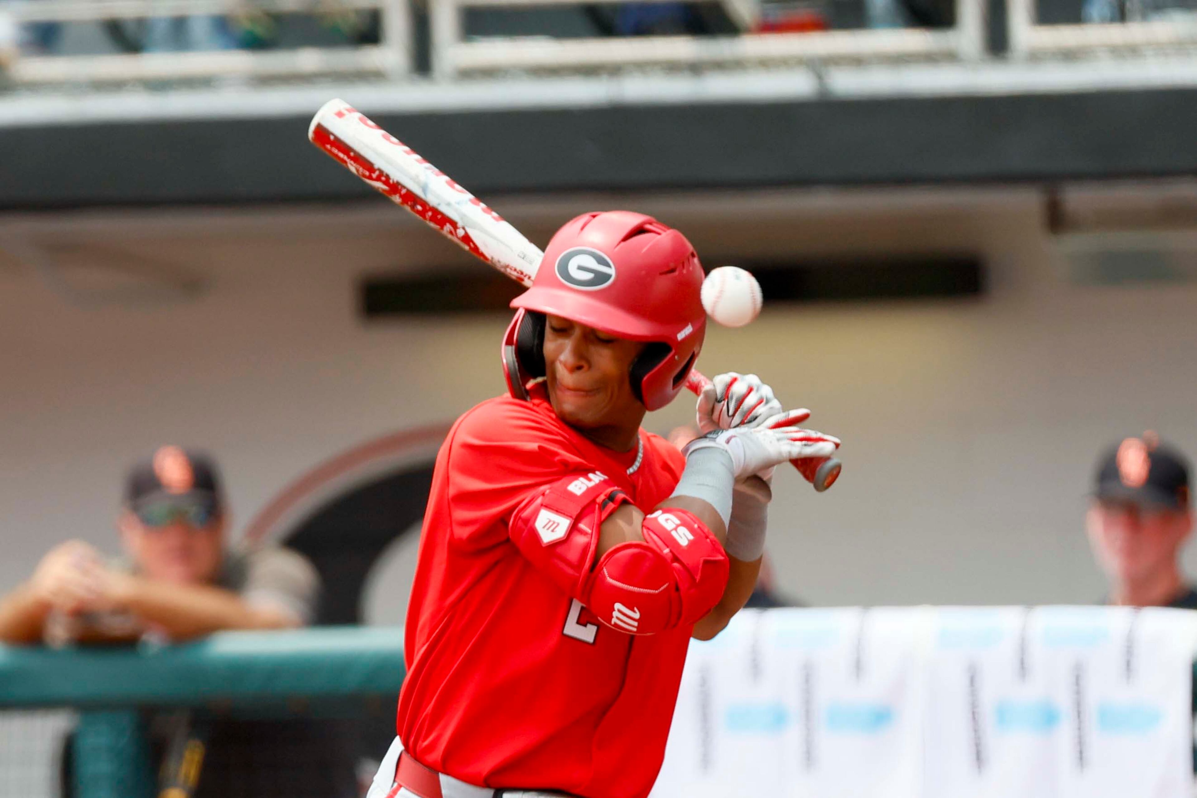 Georgia infielder Ryan Black (2) racts after being hitting by a pitch during the second inning against Oklahoma State in their NCAA Regional game at Foley Field,  Sunday, June 1, 2025, in Athens, Ga.
(Miguel Martinez/ AJC)