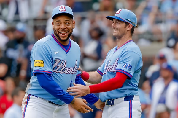 Dominic Smith (left) and Mike Yastrzemski celebrate an early June win together. (Erik S. Lesser/AP)