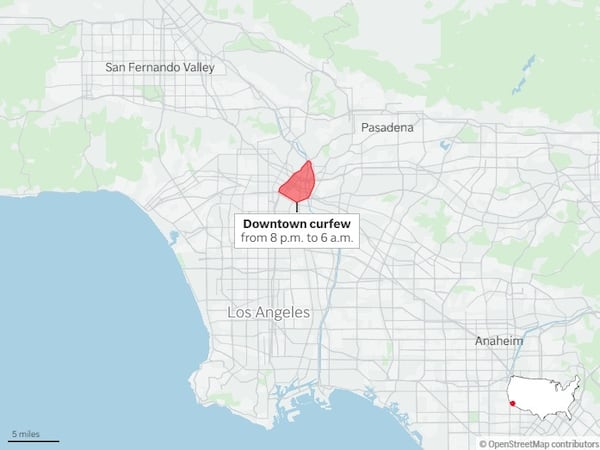 Shows the area of the downtown Los Angeles curfew that began Tuesday night. (AP Digital Embed)