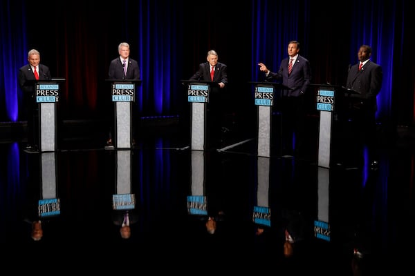 Republican candidates for the U.S. Senate (from left: U.S. Rep. Buddy Carter, St. Simons Island; U.S. Rep. Mike Collins, Jackson; John Coyne; former football coach Derek Dooley; and Jonathan McColumn. (Miguel Martinez/AJC)