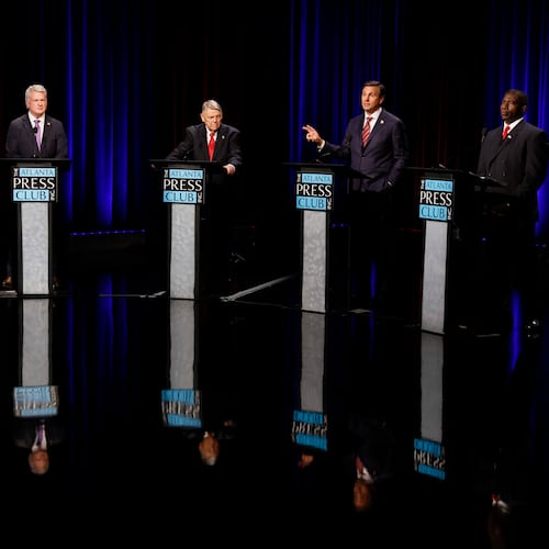 Former football coach Derek Dooley a Republican candidate for the U.S. Senate, second from the right, speaks at the Atlanta Press Club Loudermilk-Young debate for the U.S. Senate at Georgia Public Broadcasting in Midtown on Sunday, April 26, 2026.
(Miguel Martinez/AJC)