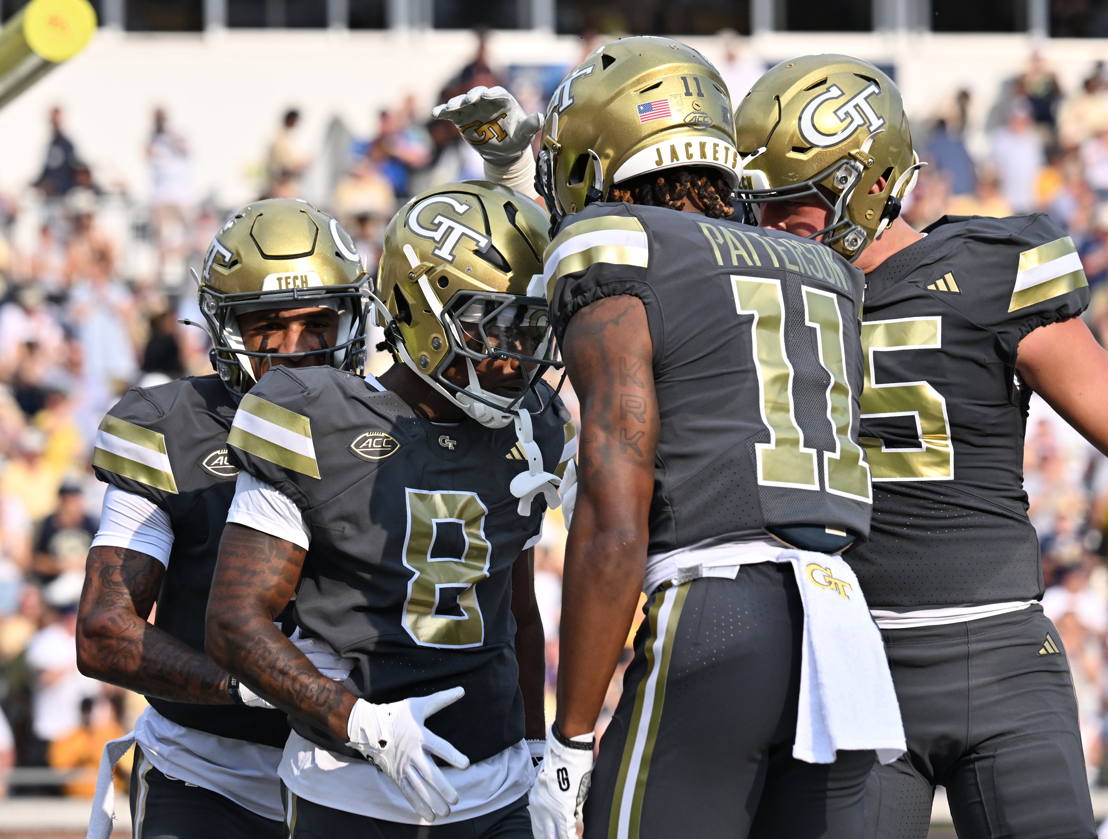 Georgia Tech wide receiver Malik Rutherford celebrates with teammates after scoring a touchdown during the first half of an NCAA college football game at Georgia Tech's Bobby Dodd Stadium, Saturday, Sept. 20, 2025 in Atlanta. (Hyosub Shin/AJC)