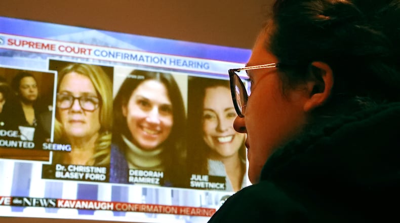 September 27, 2018 Atlanta: Freshman student Ella Krpo watches the Brett Kavanaugh hearings while working on her studies in the Georgia State University Student Center on Thursday, Sept 27, 2018, in Atlanta. Curtis Compton/ccompton@ajc.com