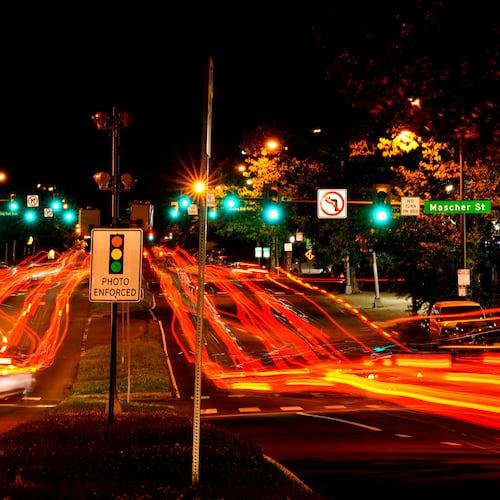 FILE - This long exposure photo shows traffic driving on Roosevelt Boulevard in Philadelphia, May 25, 2022. (AP Photo/Matt Rourke, File)