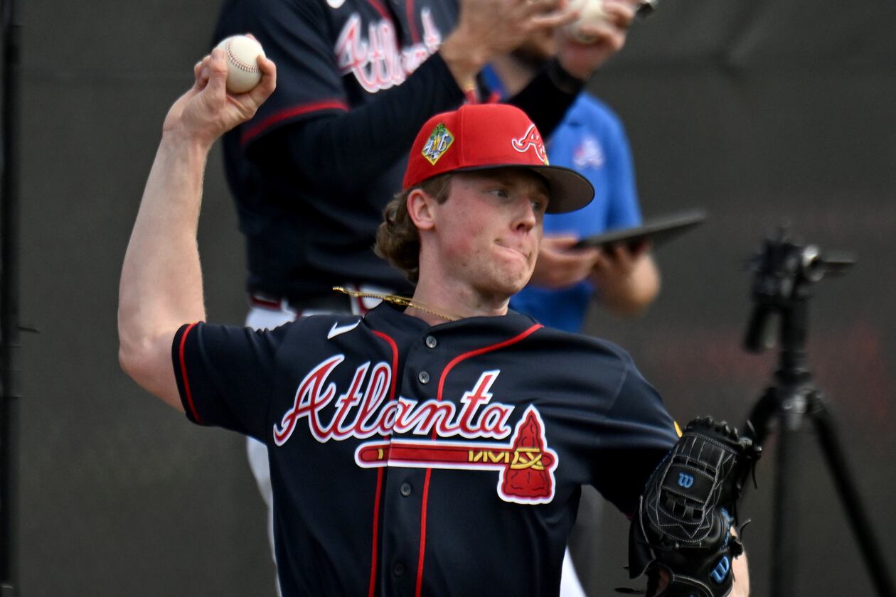 Braves pitcher Owen Murphy throws during spring training workouts at CoolToday Park on Wednesday, Feb. 11, 2026, in North Port, Florida. He could make his MLB debut this week. (Hyosub Shin/AJC)