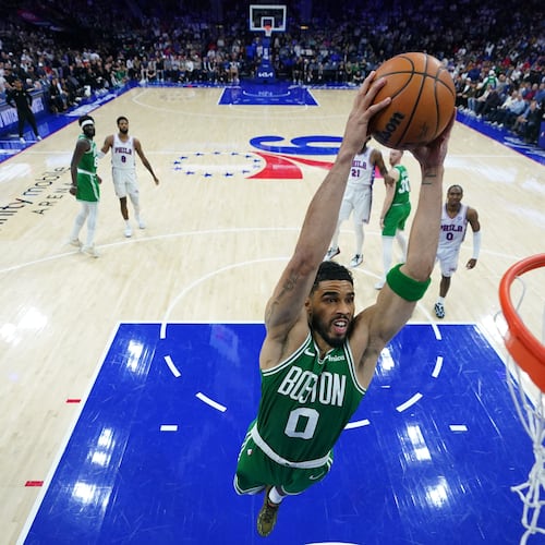 Boston Celtics' Jayson Tatum goes up for a dunk during the second half of Game 6 in a first-round NBA basketball playoff series against the Philadelphia 76ers Thursday, April 30, 2026, in Philadelphia. (AP Photo/Matt Slocum)