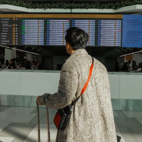 A traveler checks the flight schedule at LaGuardia International Airport on Saturday, Nov. 8, 2025, in New York. (AP Photo/Olga Fedorova)