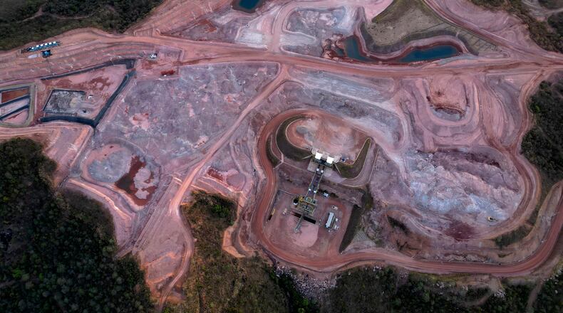 FILE - A mine operated by Serra Verde Mining digs for rare earth elements including neodymium, praseodymium, terbium and dysprosium, which are essential for the production of permanent magnets, in Minacu, Goias state, Brazil, July 28, 2025. (AP Photo/Eraldo Peres, File)