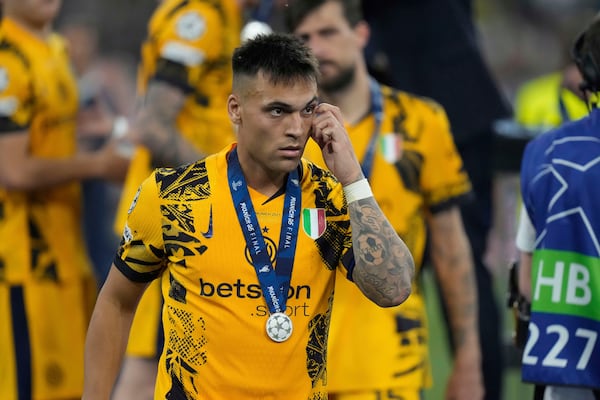 Inter Milan's Lautaro Martinez after the Champions League final soccer match between Paris Saint-Germain and Inter Milan at the Allianz Arena in Munich, Germany, Saturday, May 31, 2025. (AP Photo/Matthias Schrader)