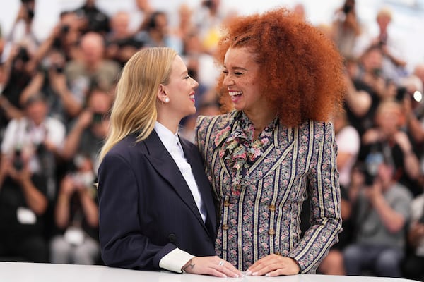 Director Scarlett Johansson, left, and Erin Kellyman pose for photographers at the photo call for the film 'Eleanor the Great' at the 78th international film festival, Cannes, southern France, Wednesday, May 21, 2025. (Photo by Scott A Garfitt/Invision/AP)