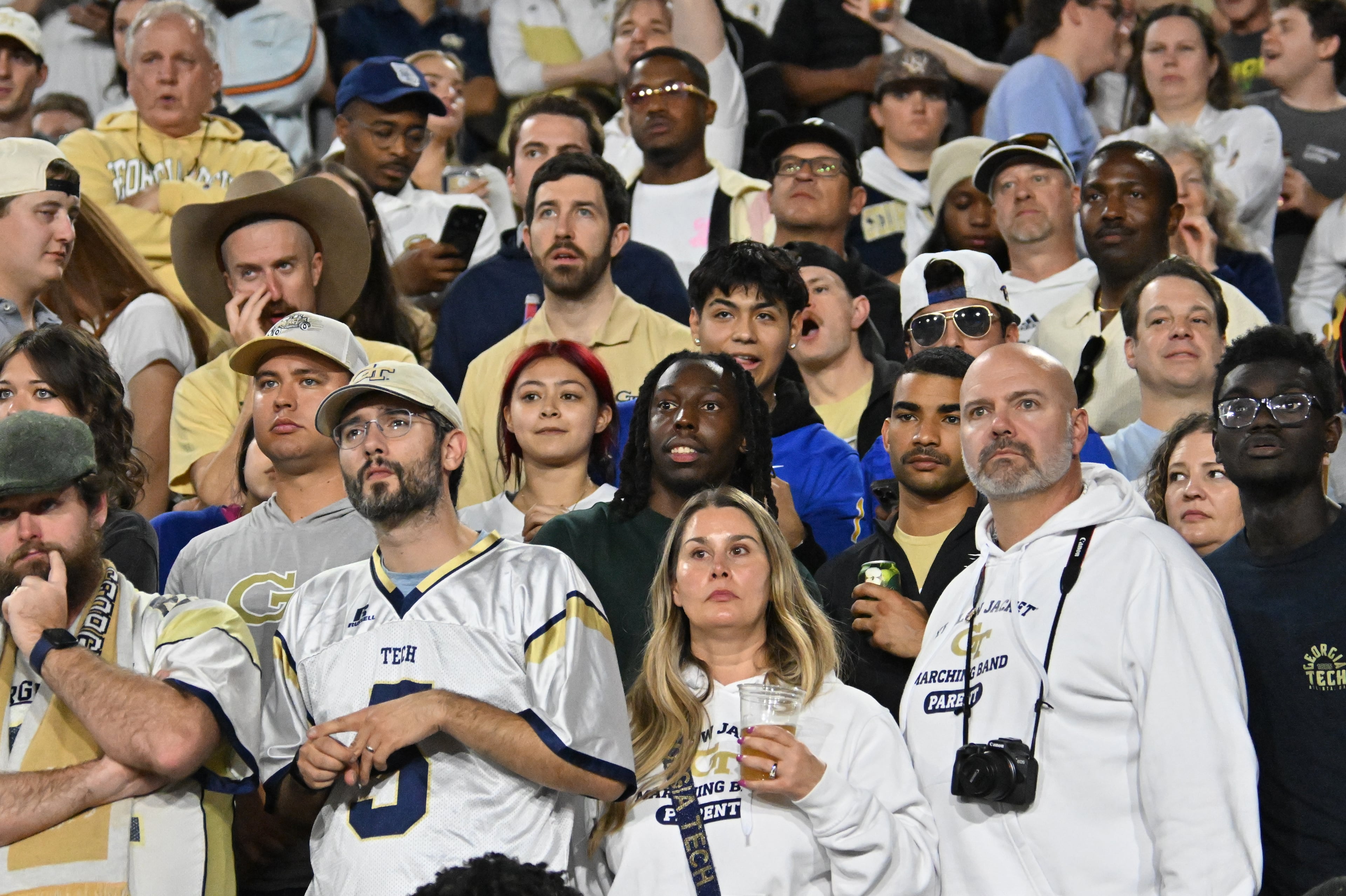 Georgia Tech fans react during the first half in an NCAA college football game at Bobby Dodd Stadium, Saturday, November 22, 2025 in Atlanta. (Hyosub Shin / AJC)