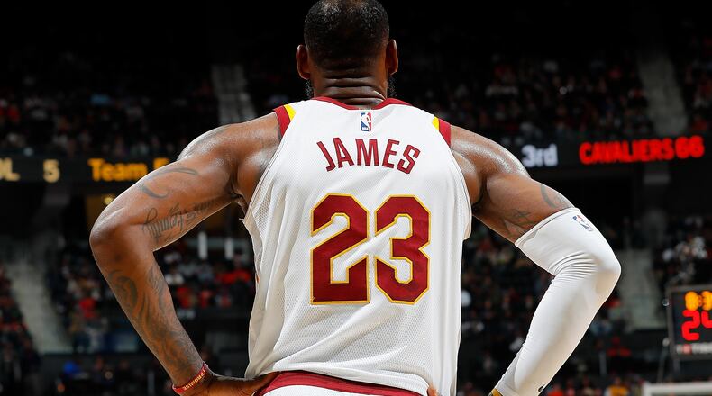LeBron James #23 of the Cleveland Cavaliers looks on during the game against the Atlanta Hawks at Philips Arena. (Photo by Kevin C. Cox/Getty Images)