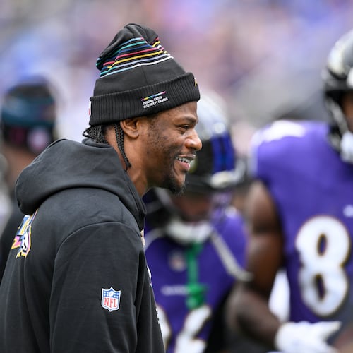 Baltimore Ravens quarterback Lamar Jackson walks on the sideline during the first half of an NFL football game against the Los Angeles Rams Sunday, Oct. 12, 2025, in Baltimore. (AP Photo/Nick Wass)