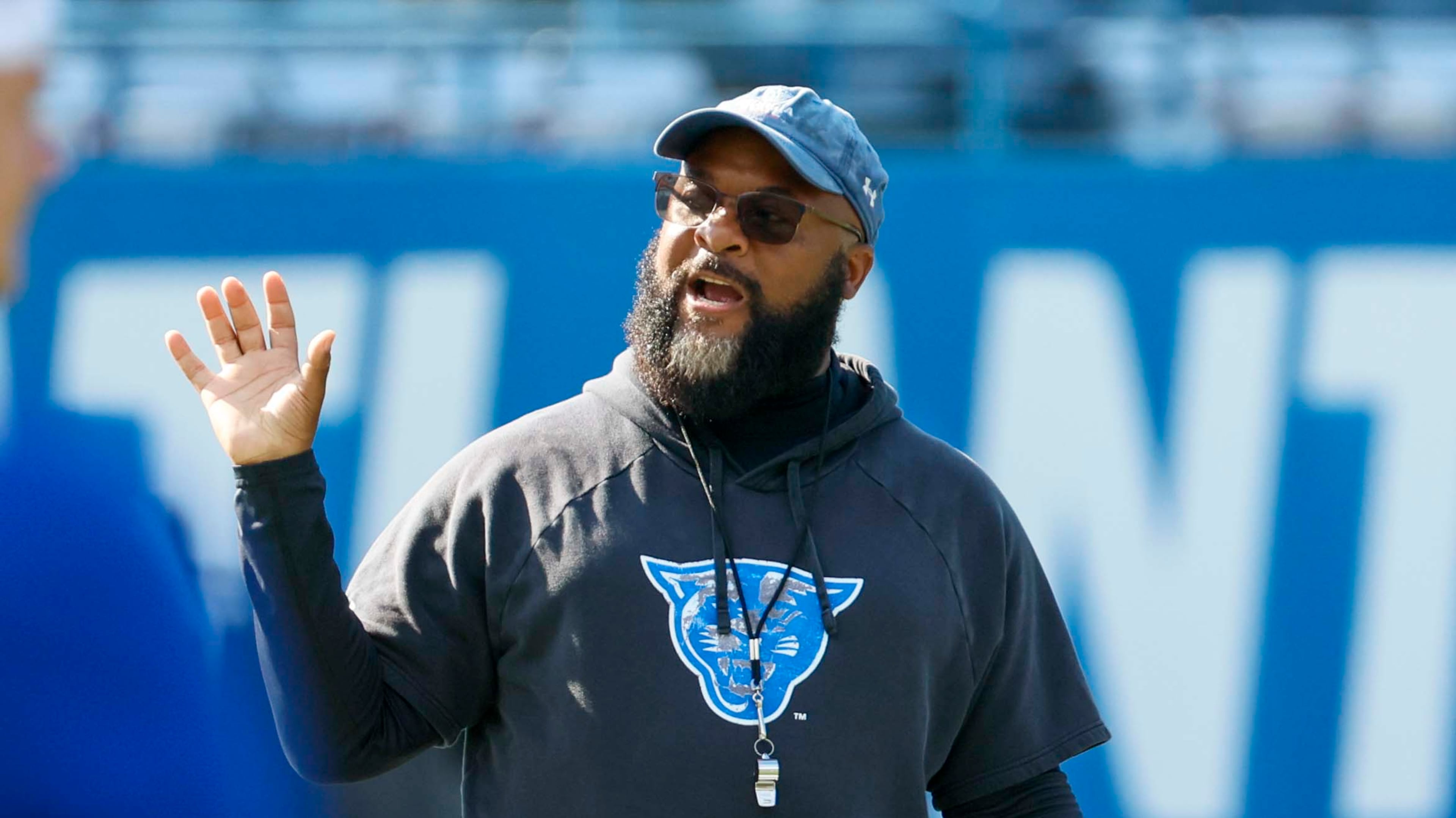 GSU head coach Dell McGee yells instructions during Georgia State University’s first day of practice at Center Parc Stadium on Thursday, July 31, 2025, in Atlanta. (Miguel Martinez/AJC)