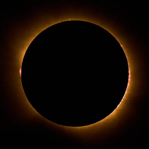 A total solar eclipse is seen from Berlanga de Duero, central Spain, Wednesday, Aug. 12, 2026. (AP Photo/Bernat Armangue)