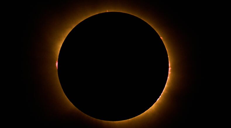 A total solar eclipse is seen from Berlanga de Duero, central Spain, Wednesday, Aug. 12, 2026. (AP Photo/Bernat Armangue)