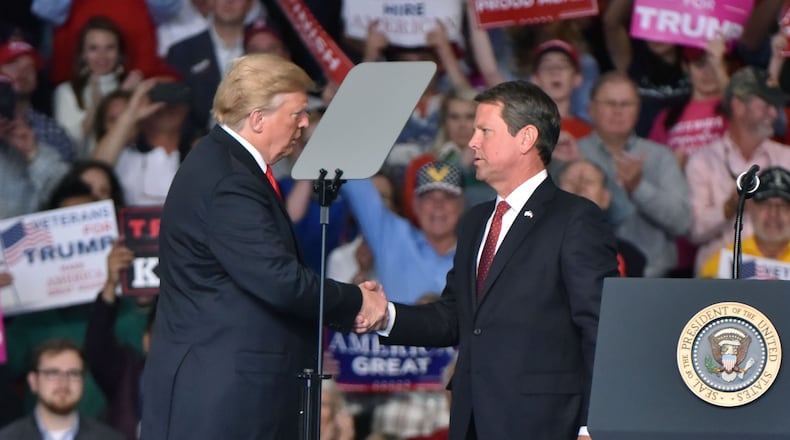 Former President Donald Trump and Gov. Brian Kemp on Friday will make their first appearance together since before the 2020 election, traveling to Evans to survey damage from Hurricane Helene. (Hyosub Shin/The Atlanta Journal-Constitution)