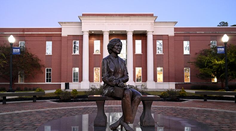 A statue of former First Lady Rosalynn Carter outside The Rosalynn Carter Health and Human Sciences Complex at Georgia Southwestern State University. (AJC File Photo)