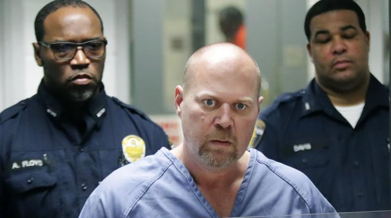 Gregory Bush is arraigned on two counts of murder and 10 counts of wanton endangerment Thursday, Oct. 25, 2018, in Louisville, Ky. Authorities say Bush fatally shot two African-American customers at a Kroger grocery store Wednesday and was swiftly arrested as he tried to flee.