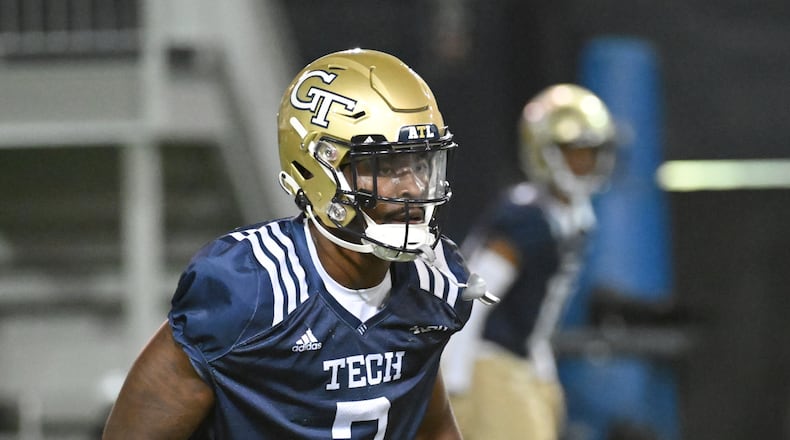 Georgia Tech's linebacker Ayinde Eley (2) runs a drills during the first football practice of the season at Rose Bowl Field on Georgia Tech Campus in Atlanta on Friday, August 5, 2022. (Hyosub Shin / Hyosub.Shin@ajc.com)
