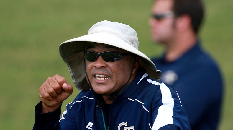 Al Buzz Preston - wide receivers coach, gestures as he tells his receivers to make the tough catches. Johnny Crawford/ jcrawford@ajc.com