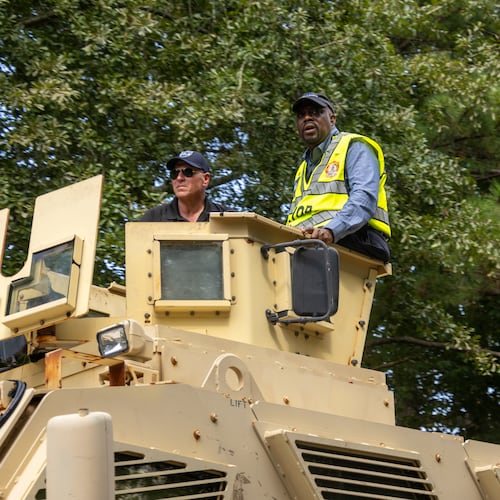 Mayor Van Johnson drives around in a military grade police unit to check on the flooding and residents in Savannah, 2024. (Katelyn Myrick/AP)