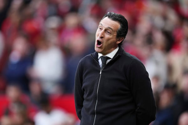 Aston Villa manager Unai Emery during the English Premier League soccer match between Manchester United and Aston Villa at Old Trafford, Manchester, England, Sunday May 25, 2025. (Martin Rickett/PA via AP)