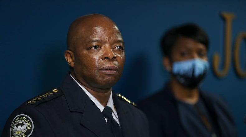 Atlanta Police Chief Rodney Bryant speaks at a press conference on public safety and the Atlanta Public Safety Headquarters on Tuesday, May 4, 2021. (Rebecca Wright for the Atlanta Journal-Constitution)
