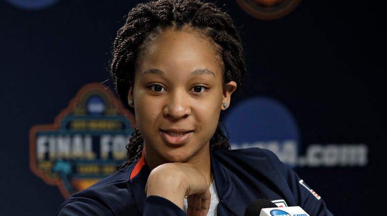 Maori Davenport answers a question during a news conference in Tampa, Fla. Davenport is back playing basketball again. The Alabama high school senior is at the Final Four working out with the U.S. junior national 3-on-3 team.