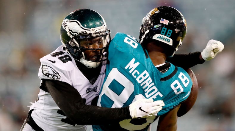 JACKSONVILLE, FLORIDA - AUGUST 15: Josh Hawkins #48 of the Philadelphia Eagles breaks up a pass intended for Tre McBride #88 of the Jacksonville Jaguars in the third quarter of a preseason game at TIAA Bank Field on August 15, 2019 in Jacksonville, Florida. (Photo by James Gilbert/Getty Images)